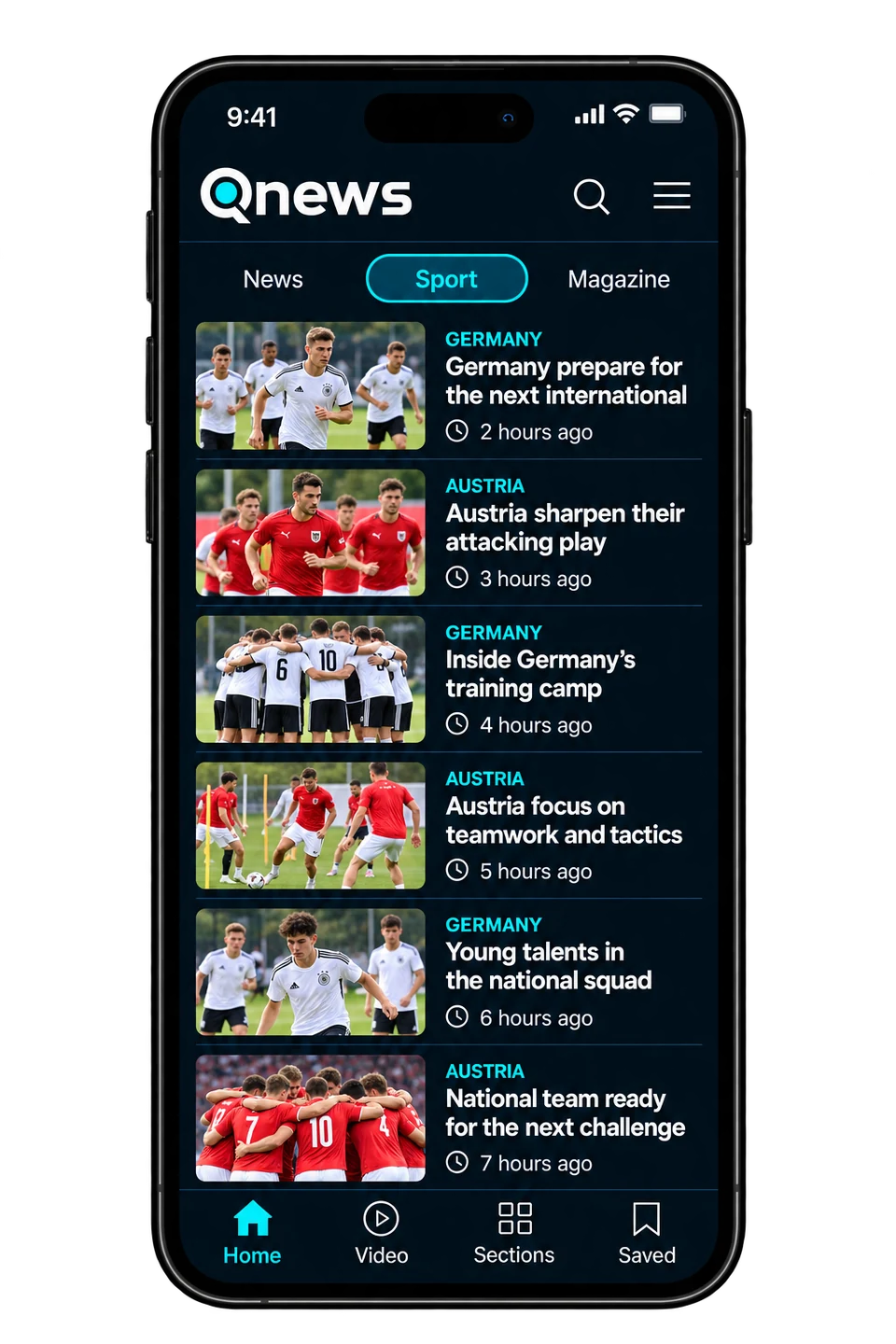 QNews Android апликација са активном секцијом Спорт и листом вијести о њемачкој и аустријској фудбалској репрезентацији