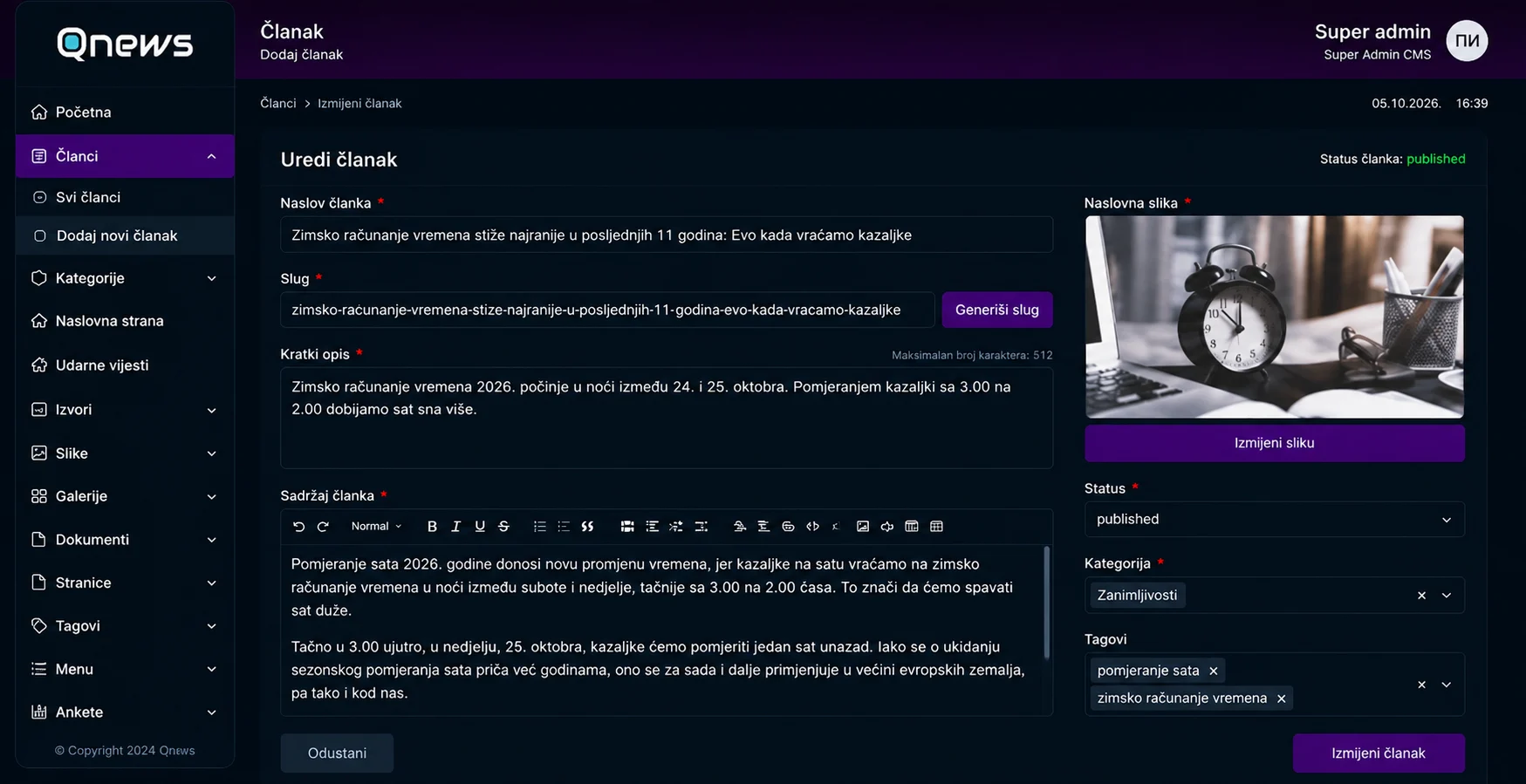 Qnews CMS editor članka sa poljima za naslov, sadržaj i podešavanja objave